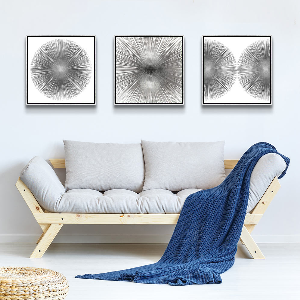 Left to Right: Silver Sunburst I, Radiant Silver, Silver Sunburst II by Abby Young