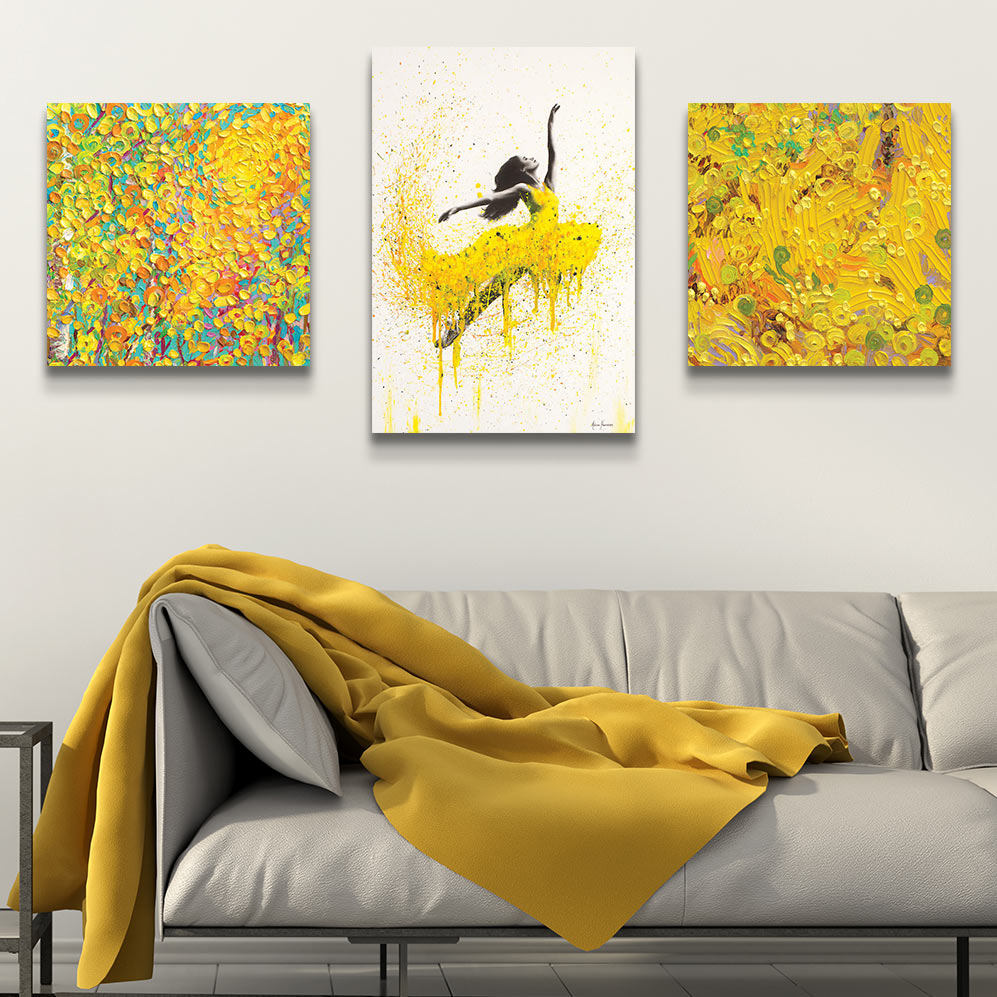 Left to Right: YM 099 by Iris Scott Abstracts; Sunflower Dancer by Ashvin Harrison; YM 109 by Iris Scott Abstracts