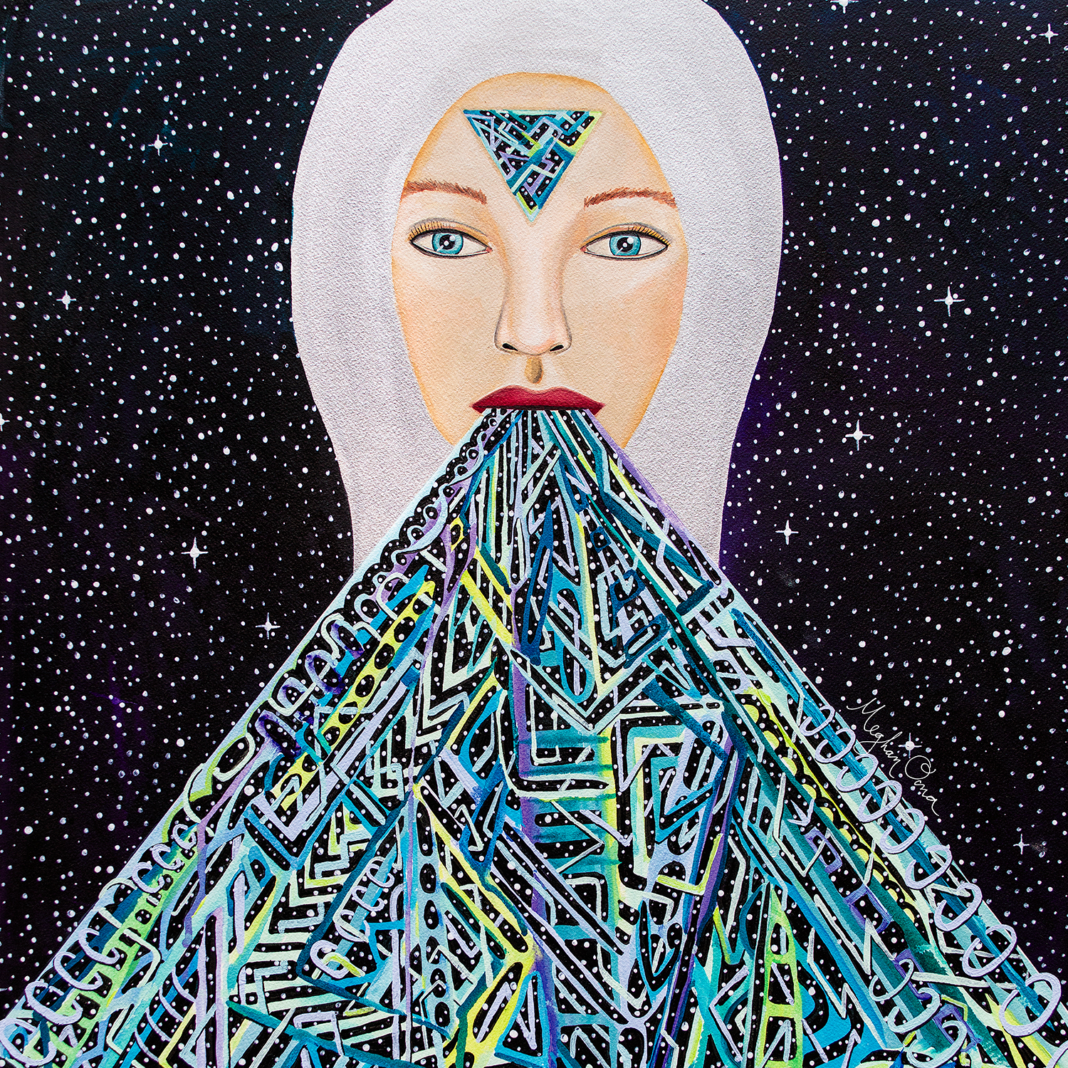 woman in space with triangle on forehead and shapes coming from mouth