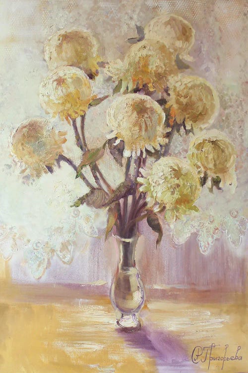 Wall art of 9 beige chrysanthemums by new creator Anastasiia Grygorieva