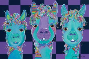 Three multicolored llamas with purple checkered background