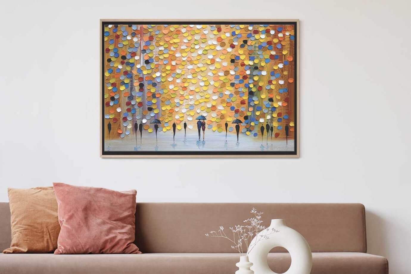 abstract landscape painting above couch