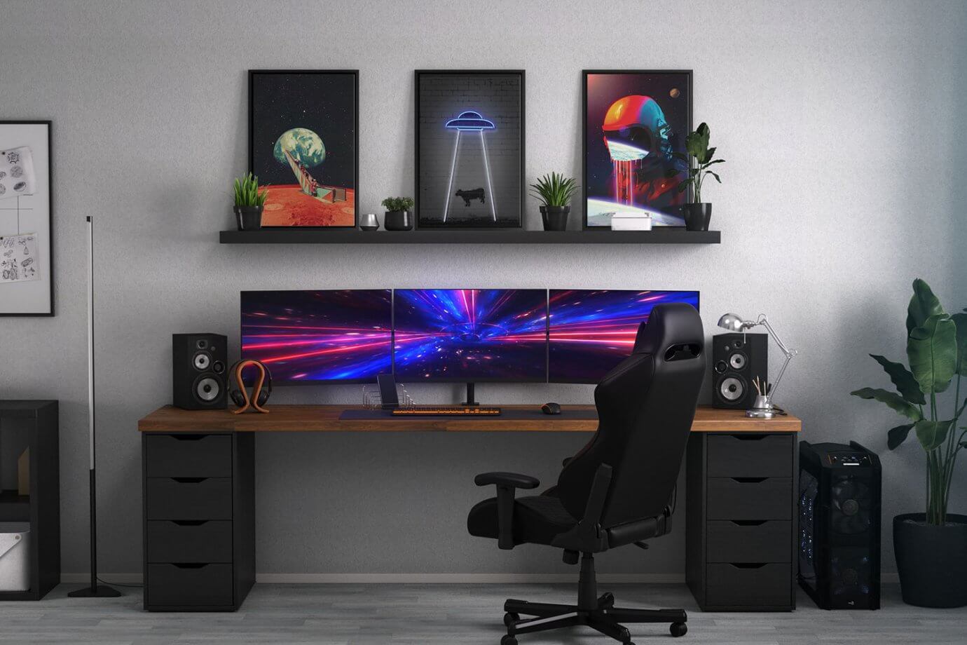 space art above computer gaming setup