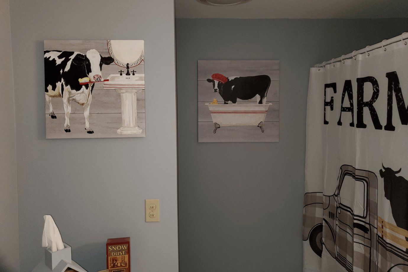 funny cow art in farmhouse bathroom