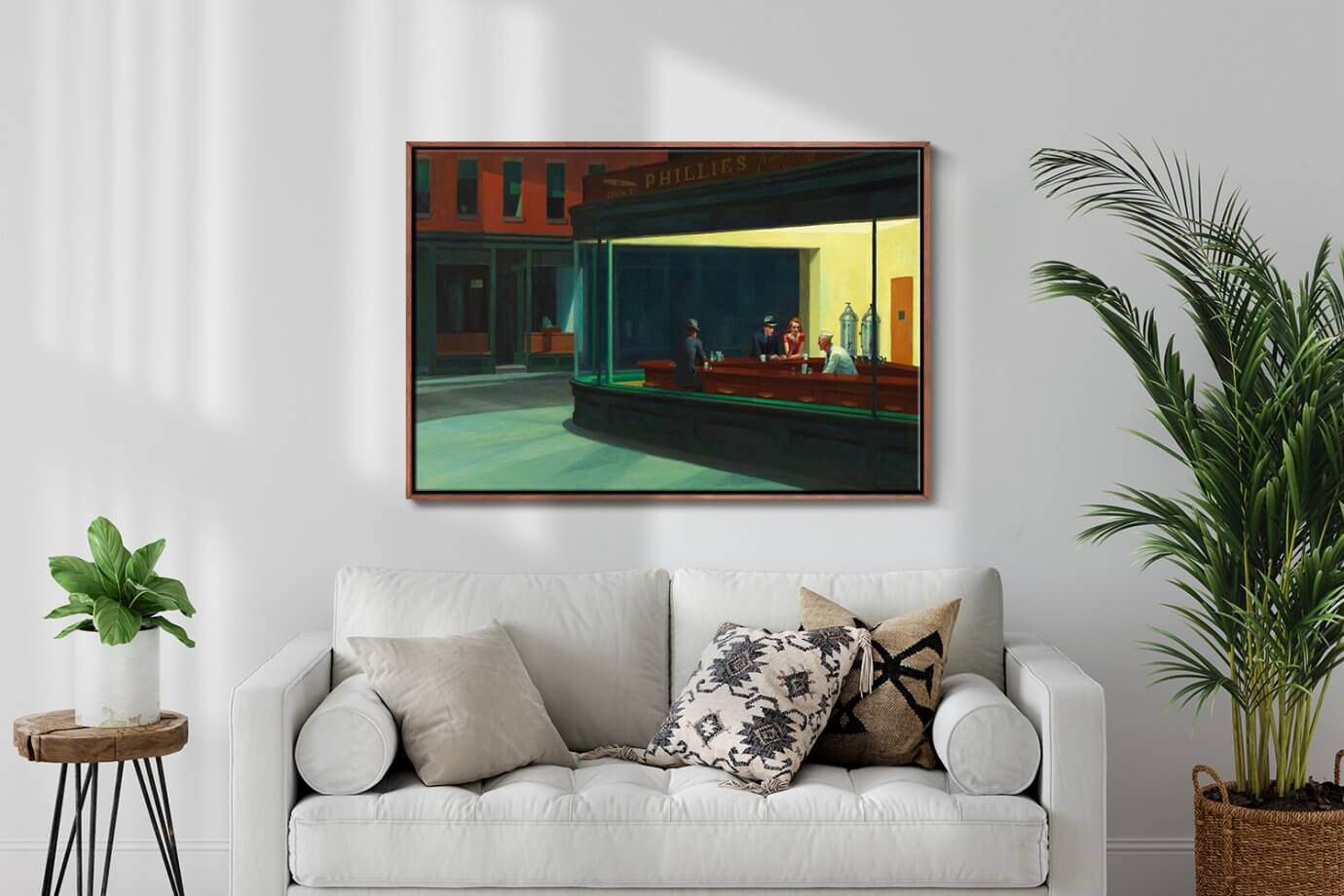 nighthawks painting hanging above couch