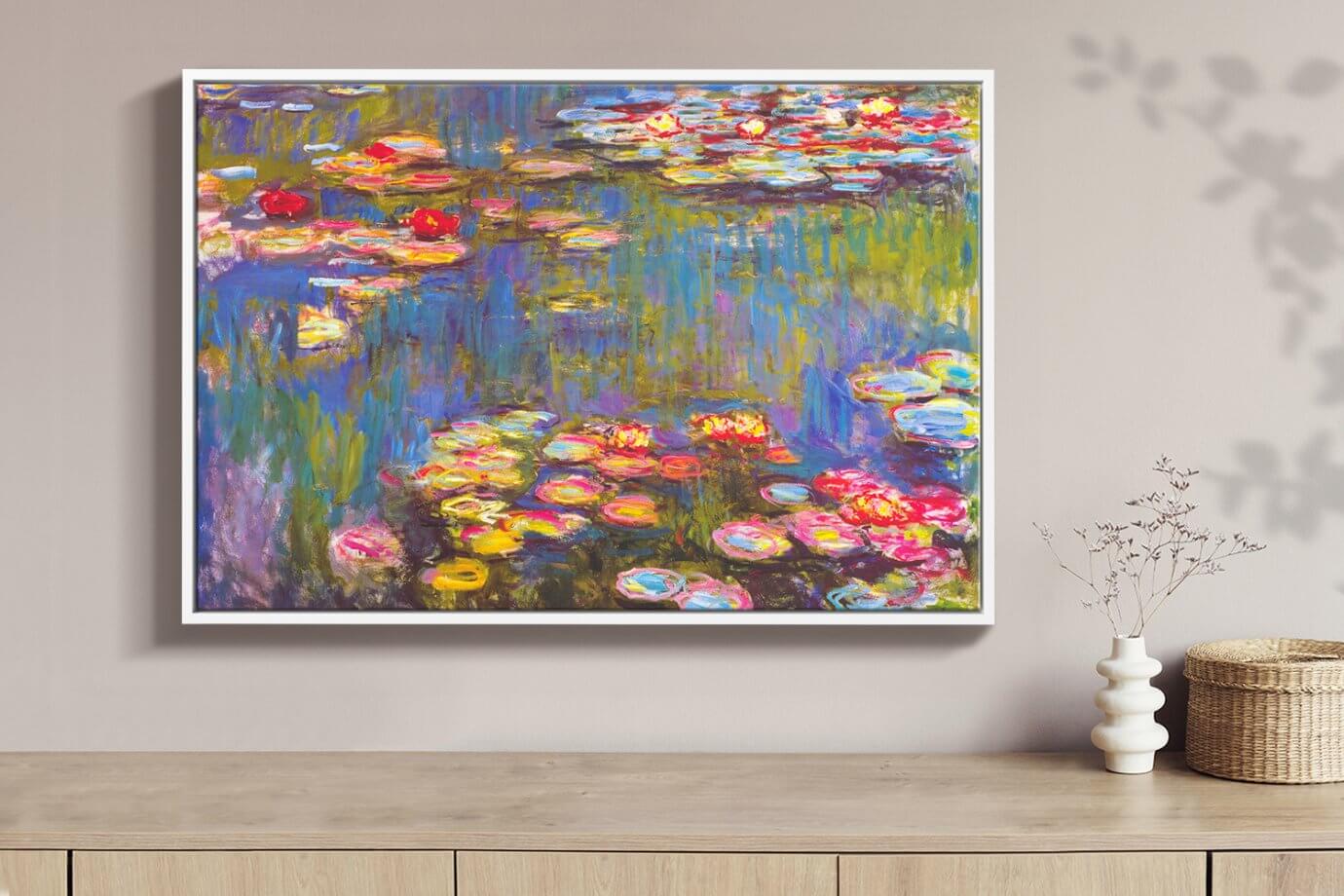 water lilies painting framed, hanging on  wall