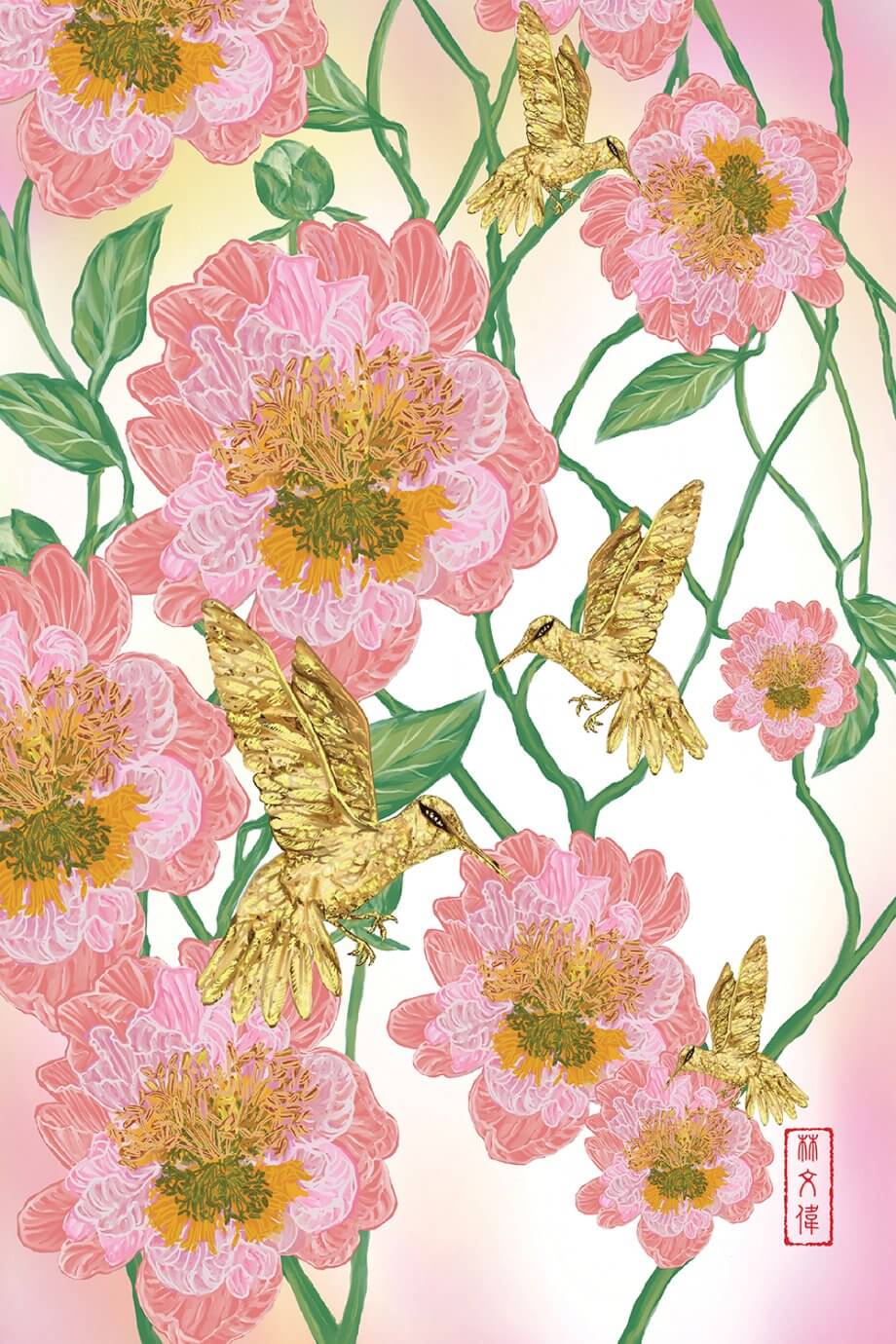 Anthony Van Lam painting - peonies and hummingbirds