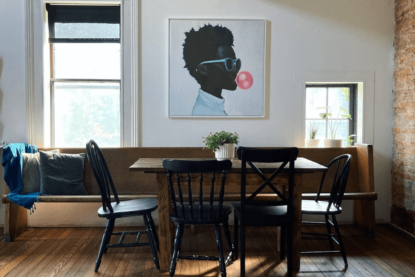 bubblegum portrait hanging in kitchen