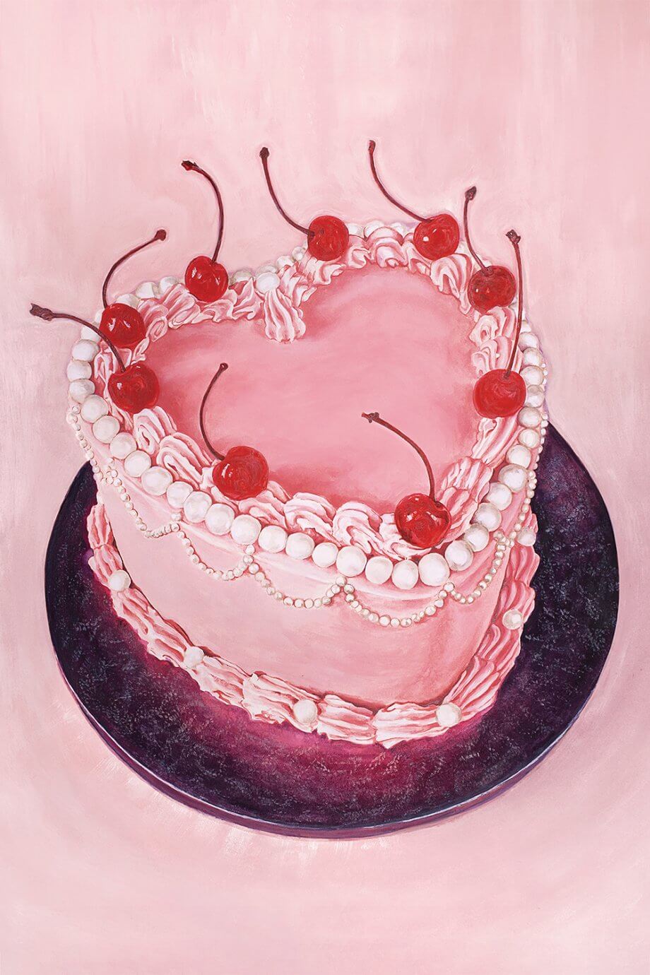 Pretty Painter art - pink heart cake with cherries