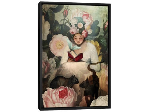 floral portrait of woman reading a book