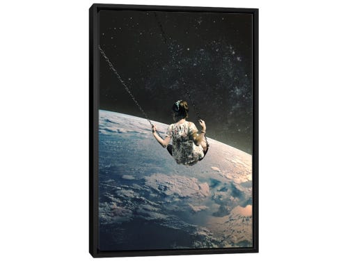 woman swinging in outerspace over earth