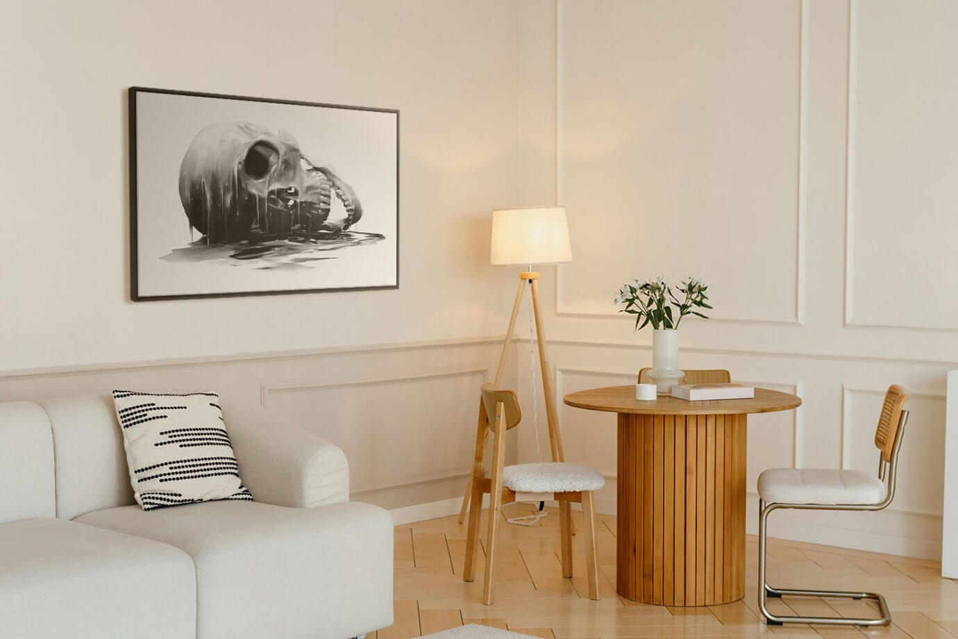 skull art in living room