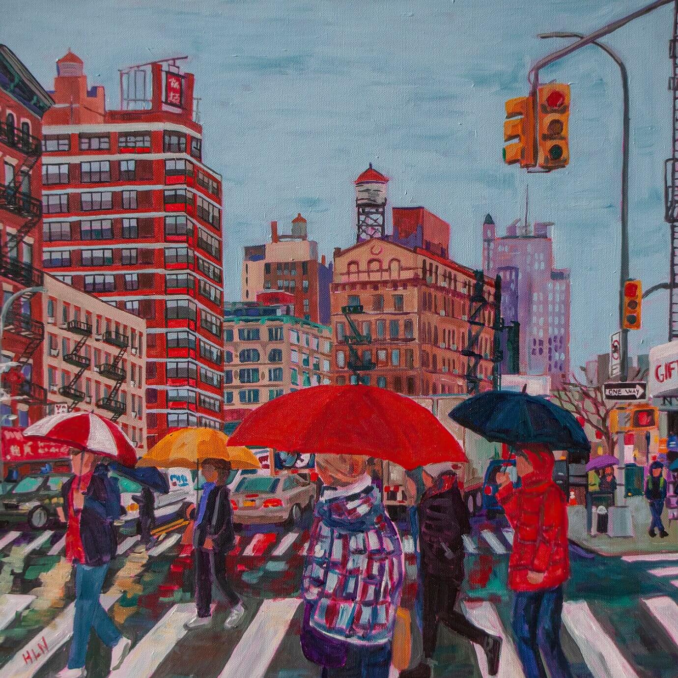 Heather Nagy painting -  rainy day in chinatown nyc