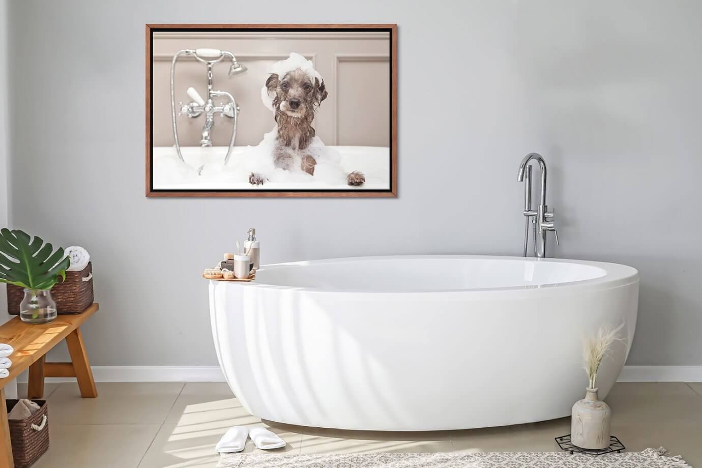 photograph of dog in bubble bath