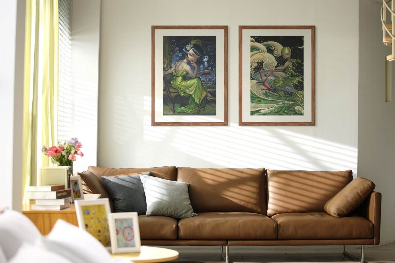 surreal creatures artwork above couch