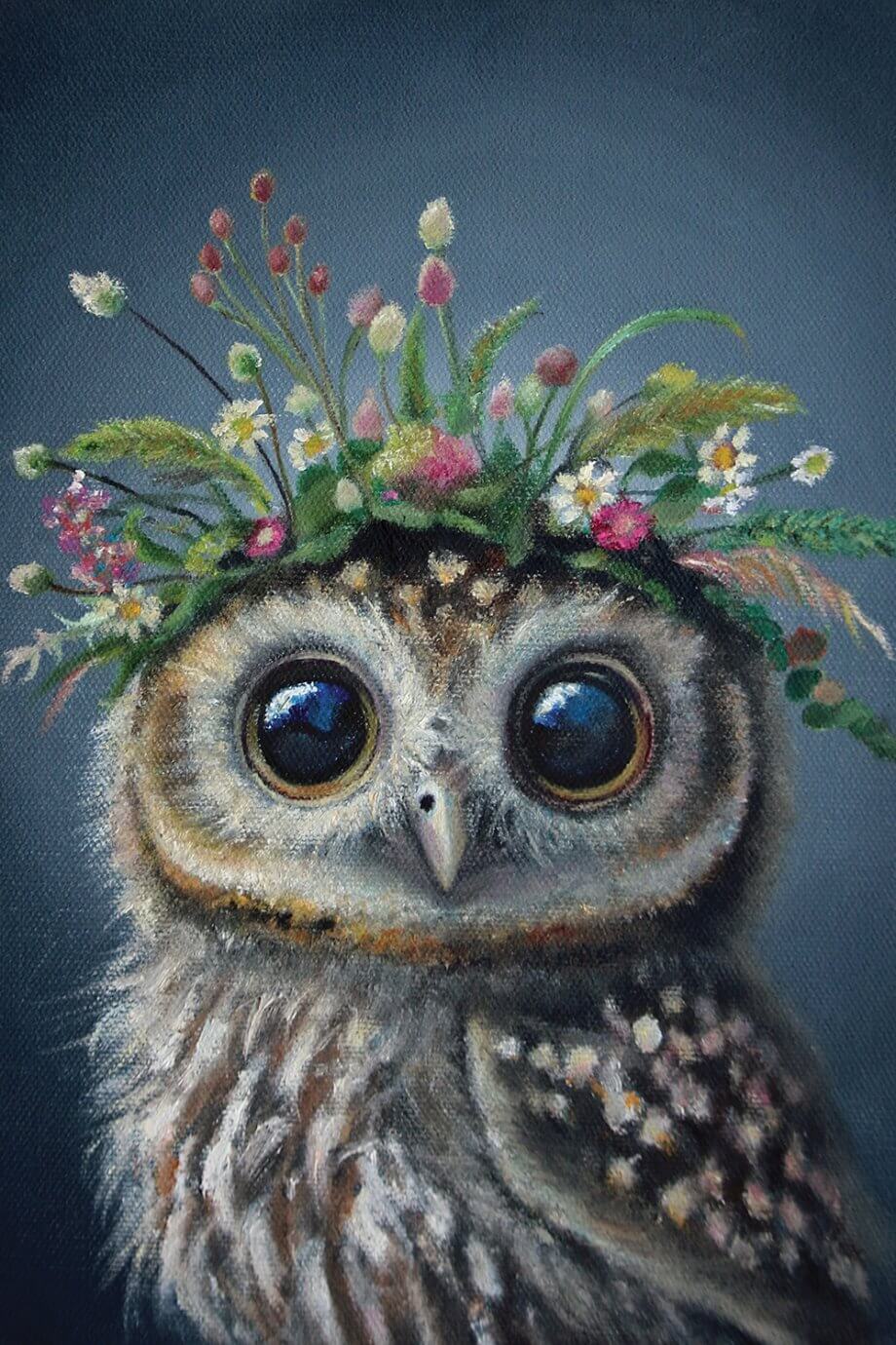 owl with flower crown