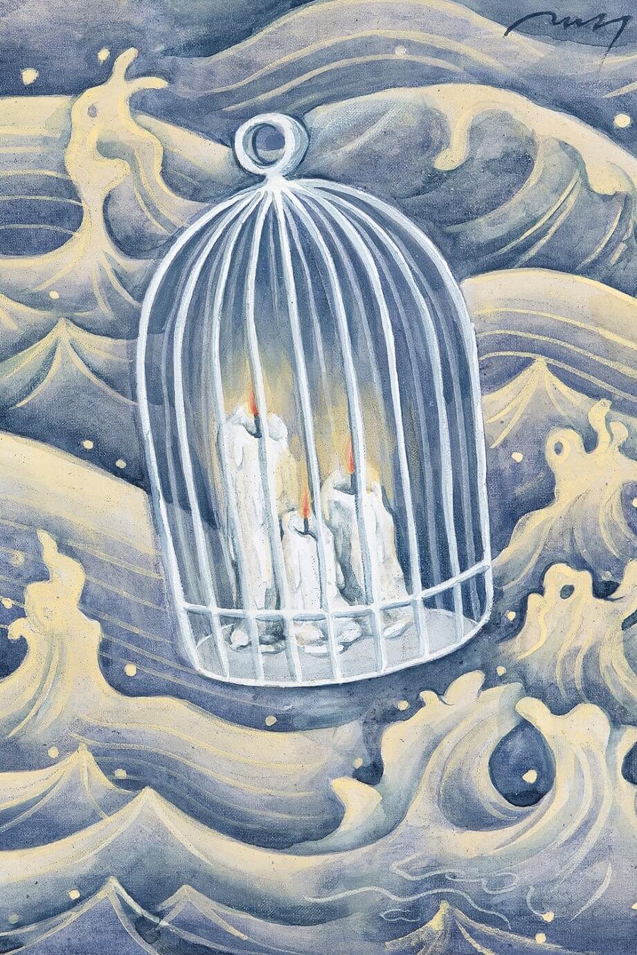 birdcage with candles in ocean waves