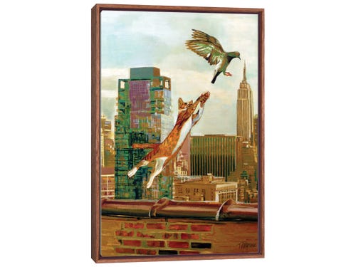 timothy adam matthews art - cat jumping up at bird in new york city