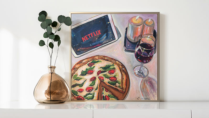 netflix, pizza, and wine artwork