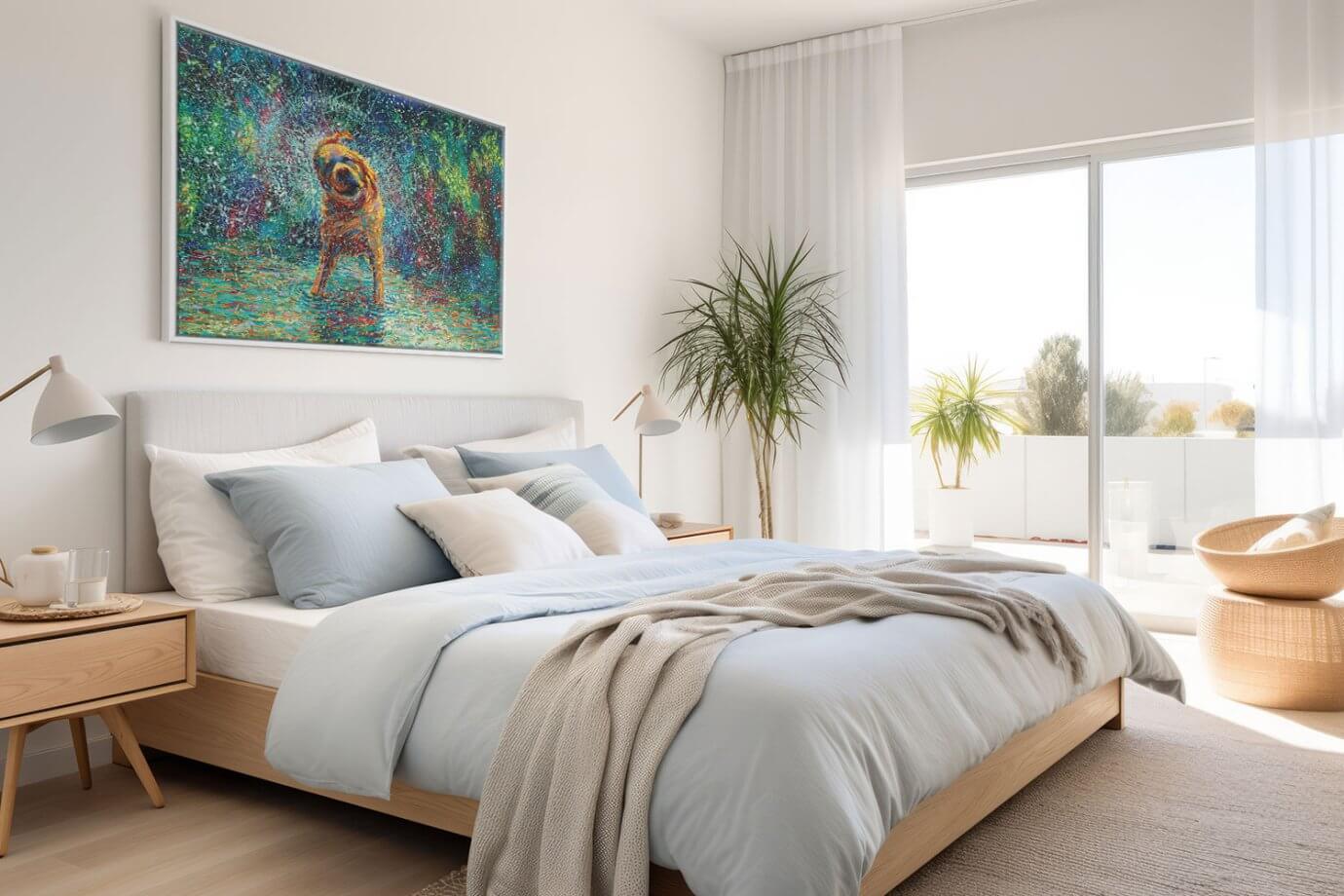 dog artwork above bed