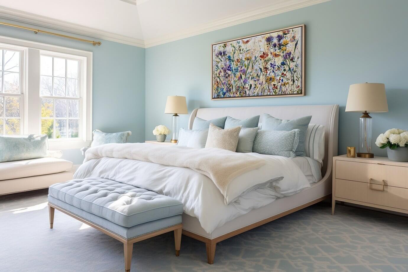 large flower artwork above bed