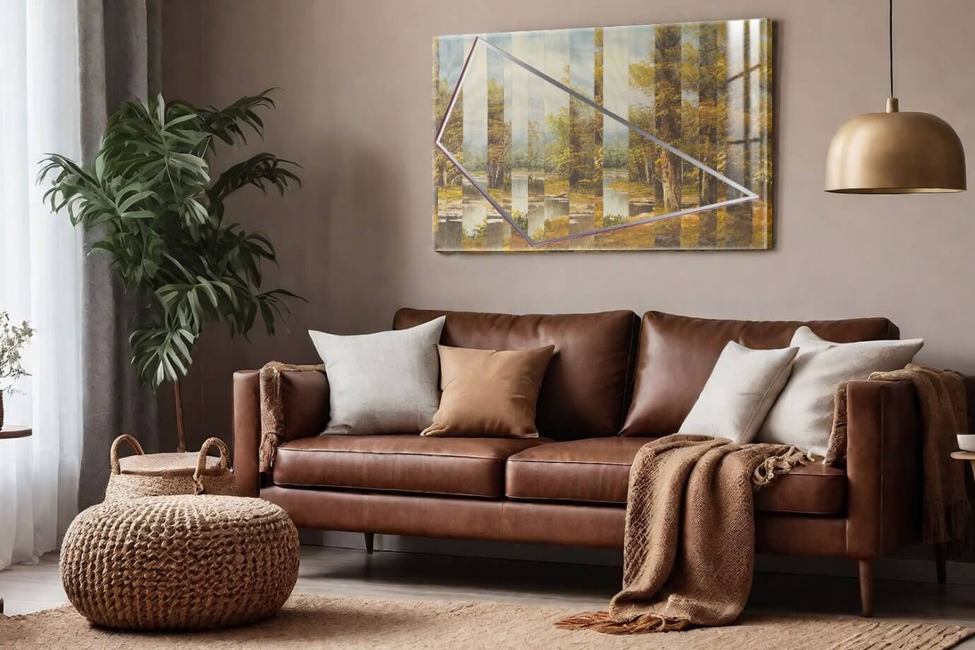 abstract forest artwork above couch