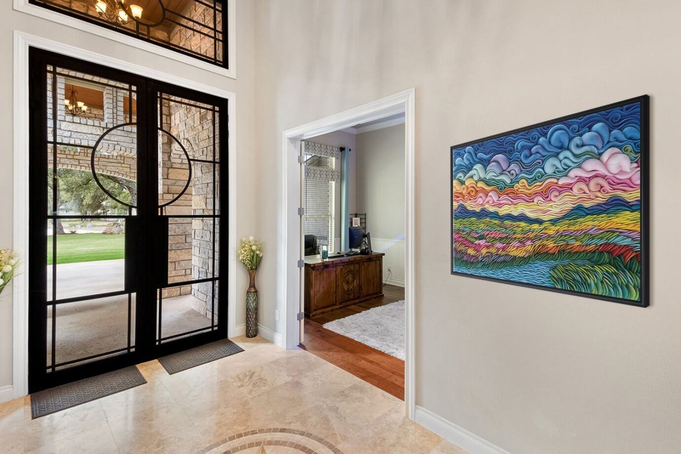 colorful landscape wall art in entryway