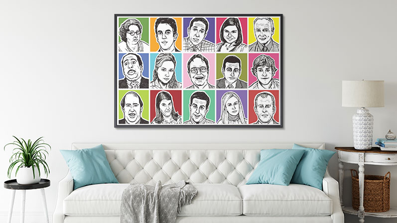 the office pop art above couch