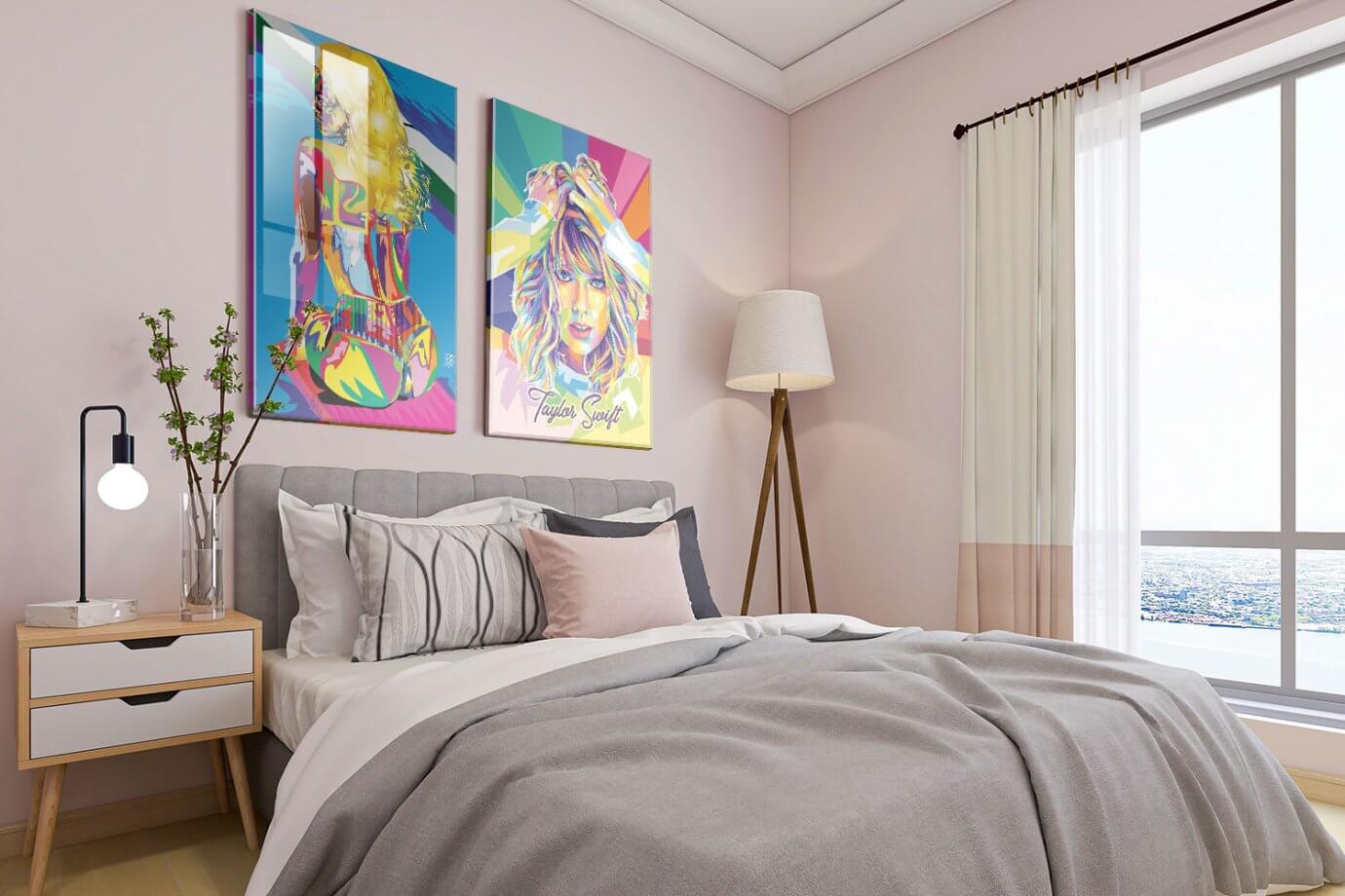 rihanna and taylor swift art above bed