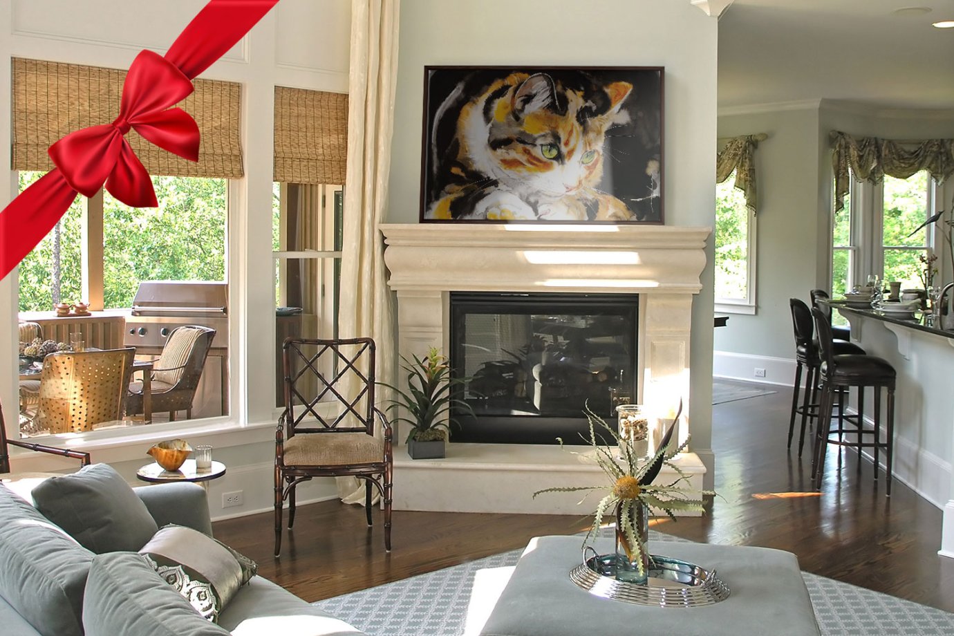 calico cat artwork above fireplace