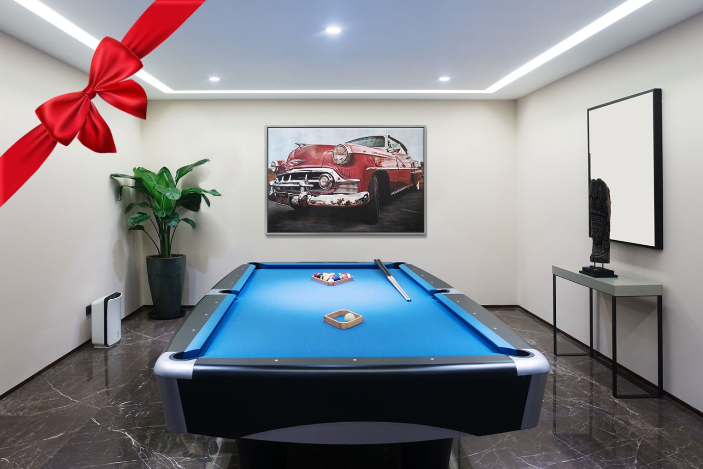 car artwork above pool table