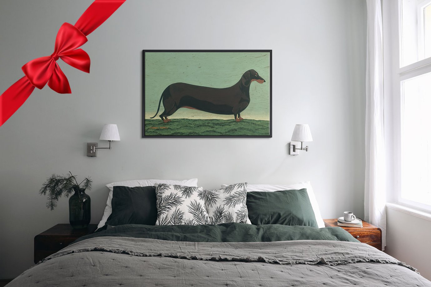 dachshund artwork above bed