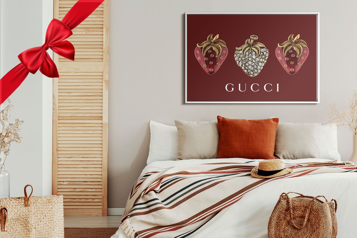 gucci strawberry wall art in bedroom