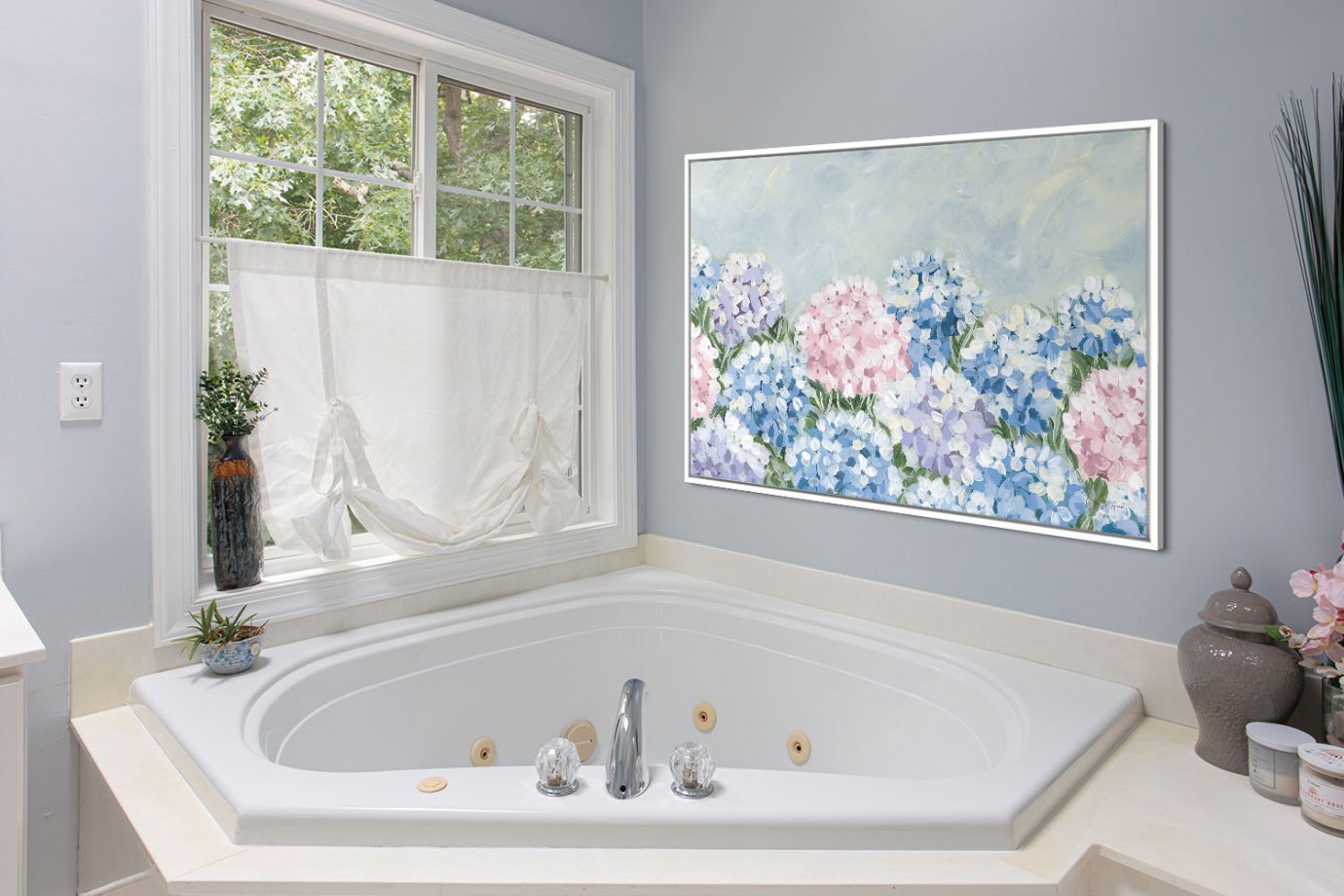 watercolor flower art above bathtub