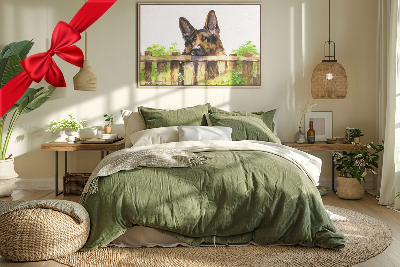 german shepherd artwork above bed