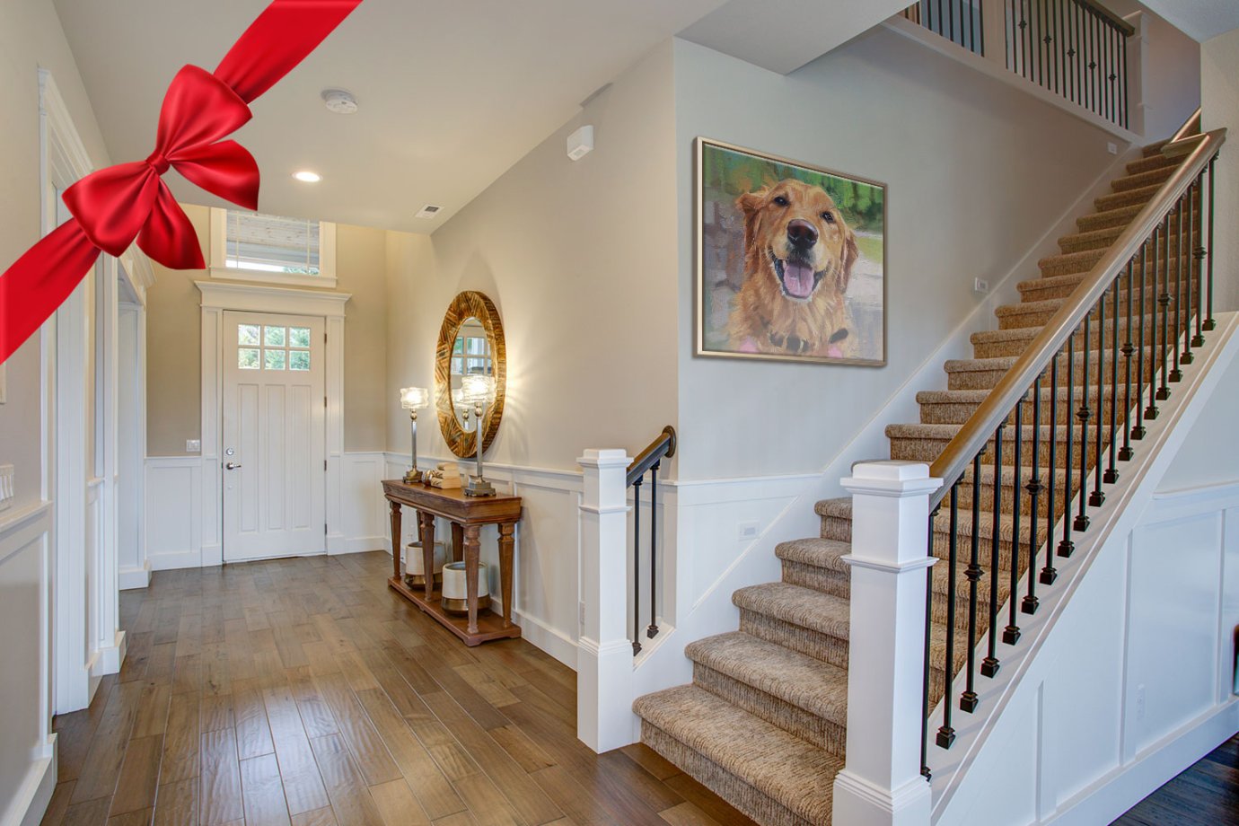 golden retriever artwork near staircase