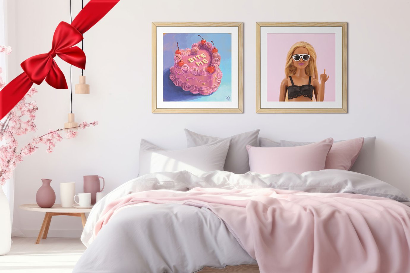 funny cake art and funny barbie art hanging above bed