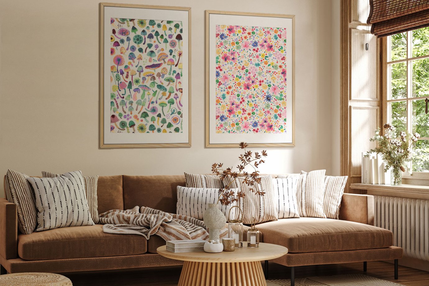 watercolor floral artwork hanging above couch