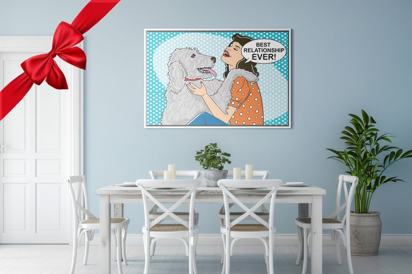 comic book dog art hanging in kitchen