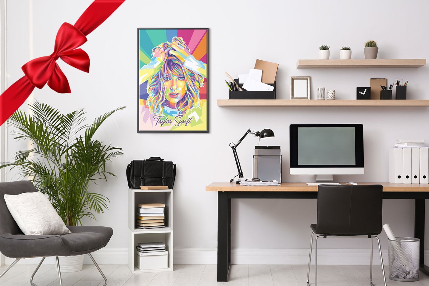 colorful taylor swift art hanging in home office