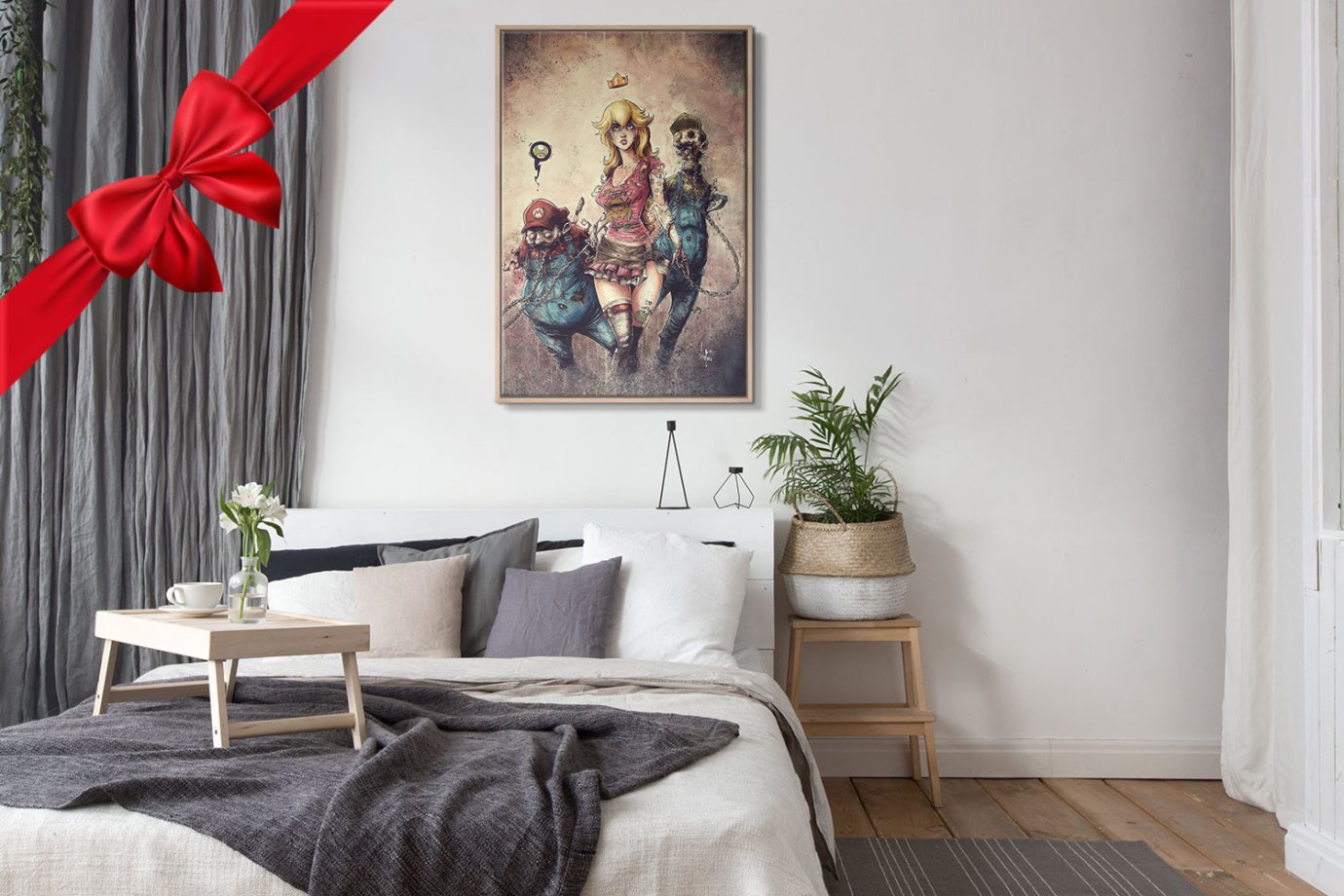 princess peach walking dead art above bed