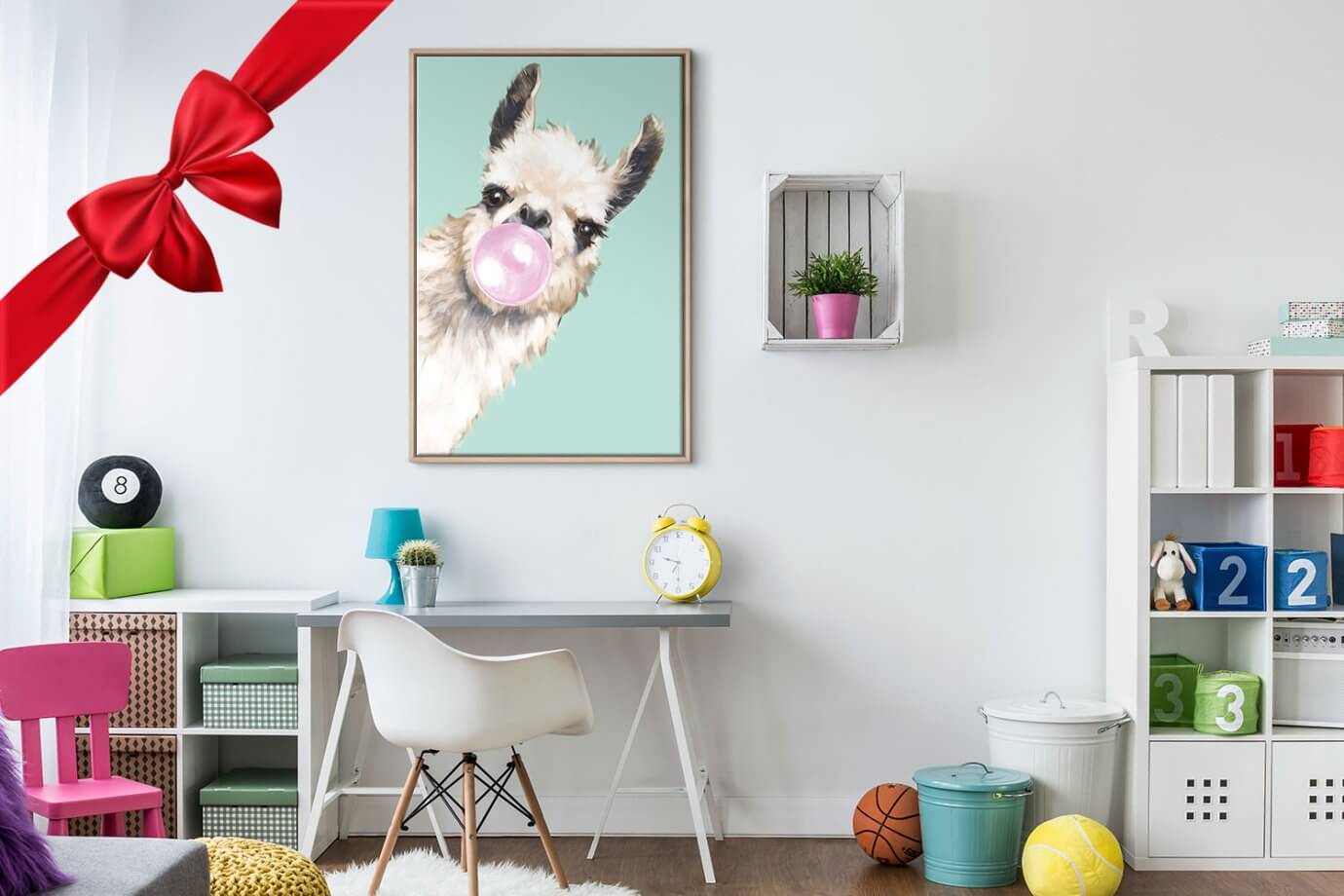 llama blowing bubblegum artwork hanging in room