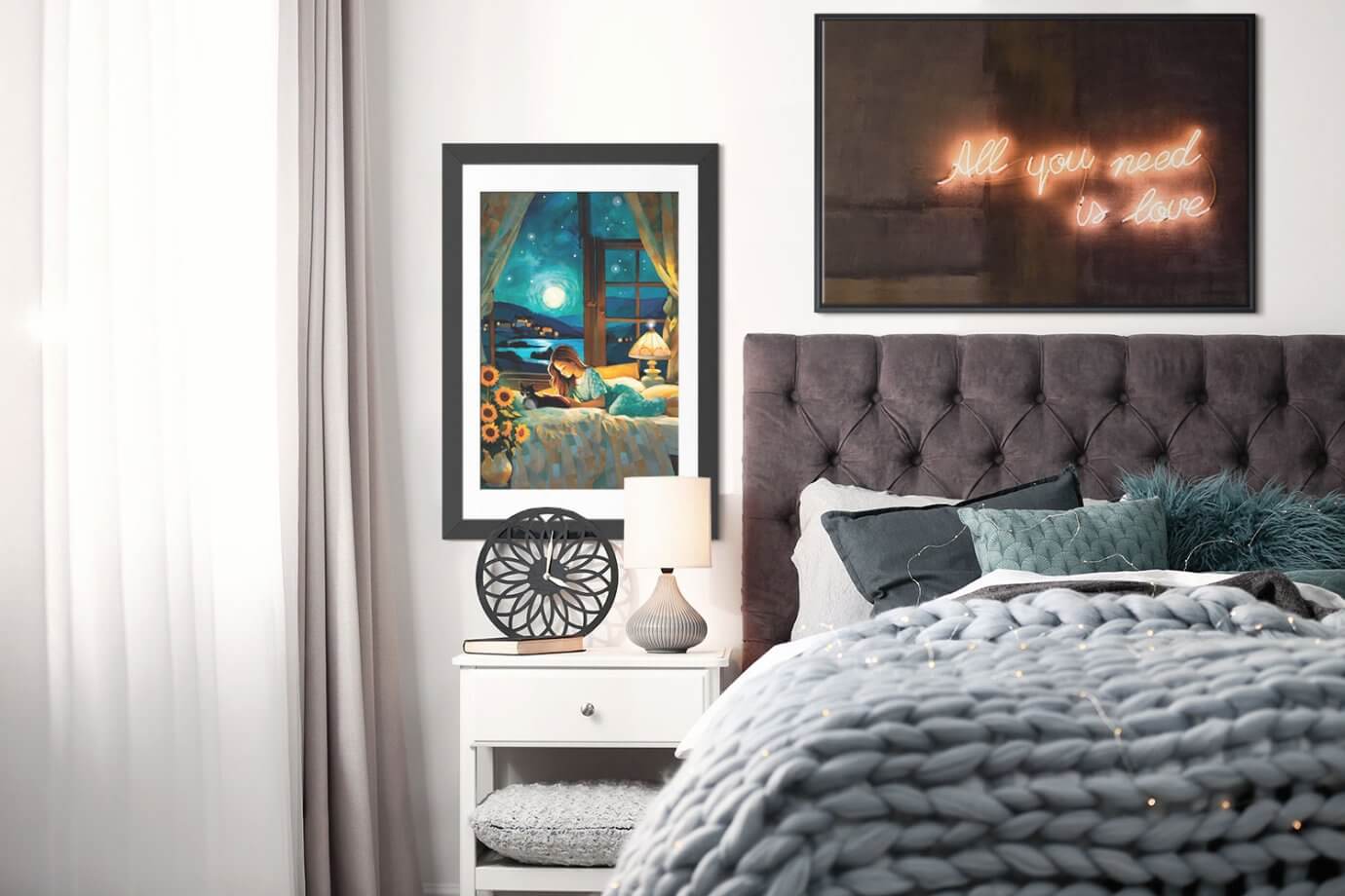 cozy art above bed