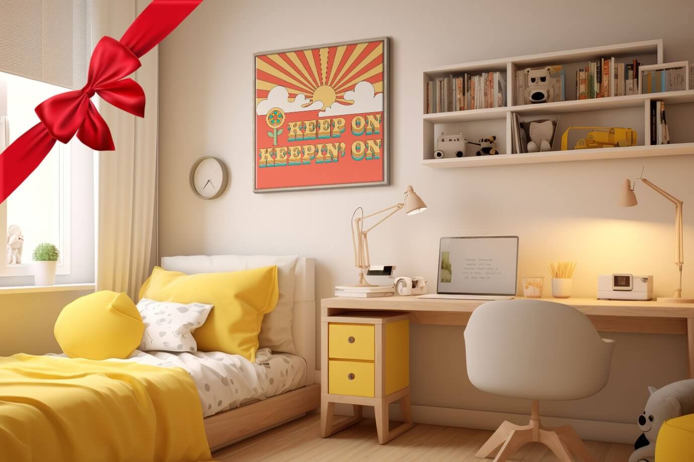 retro quote artwork above bed