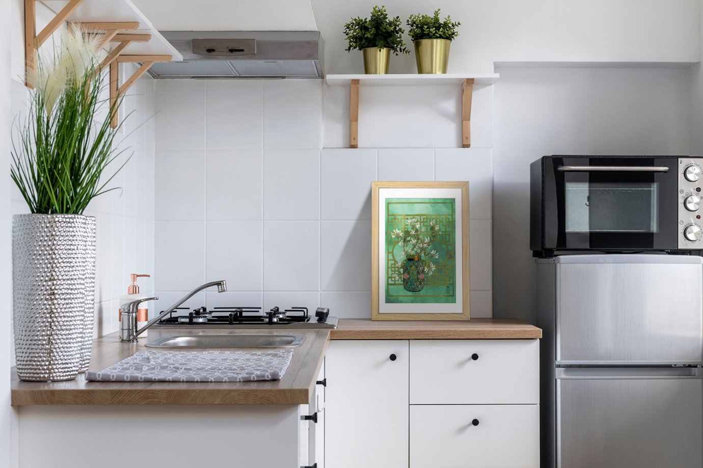 floral artwork on kitchen counter