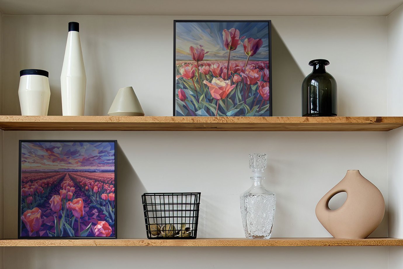 vibrant flower artwork on shelves