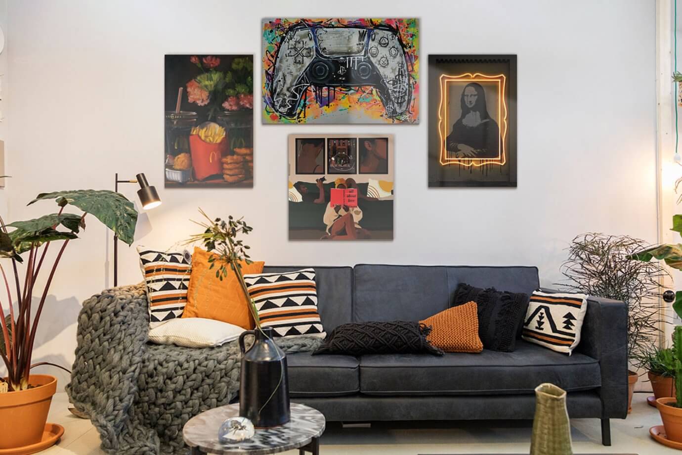 gallery wall of art above couch