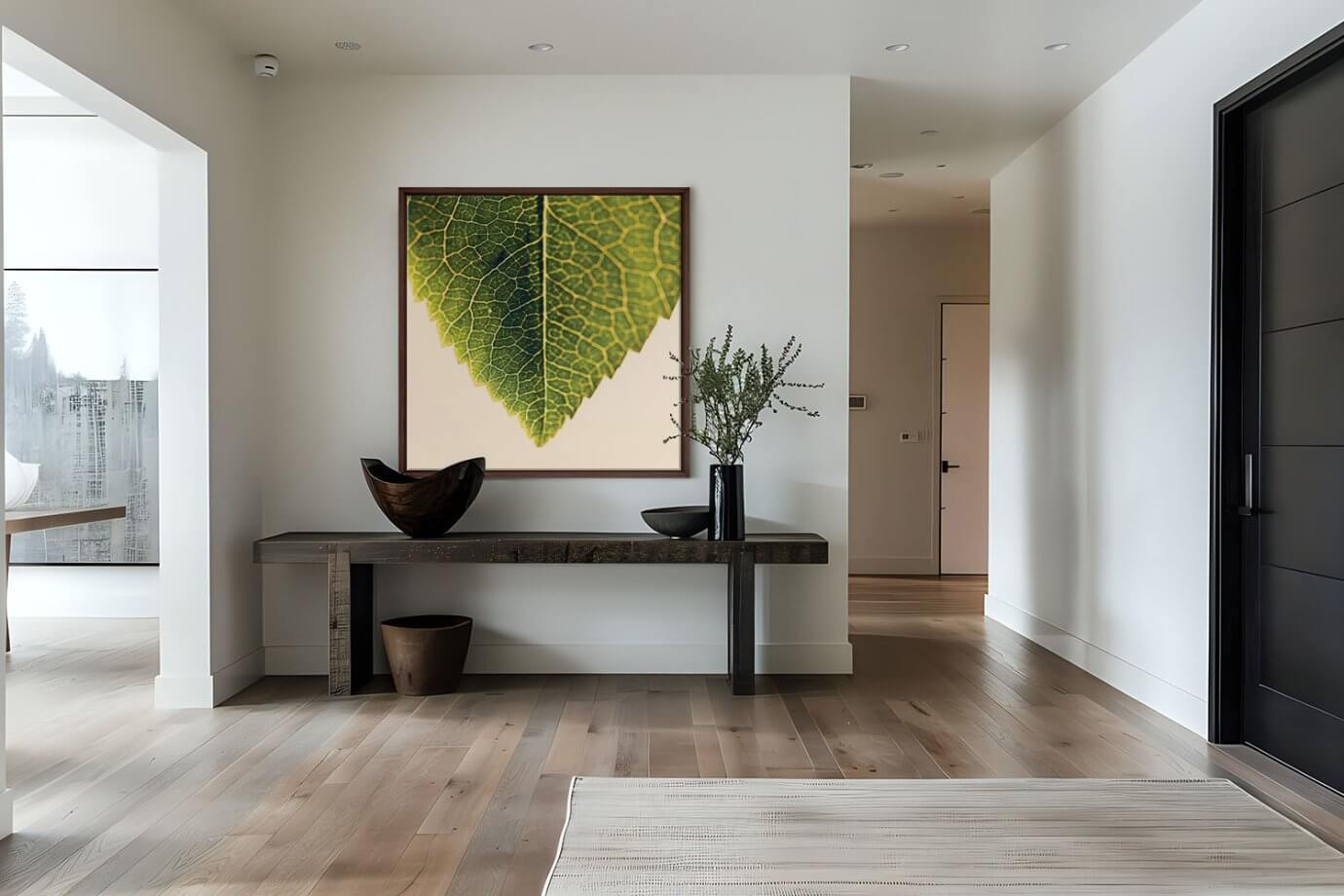 green leaf artwork above entryway table