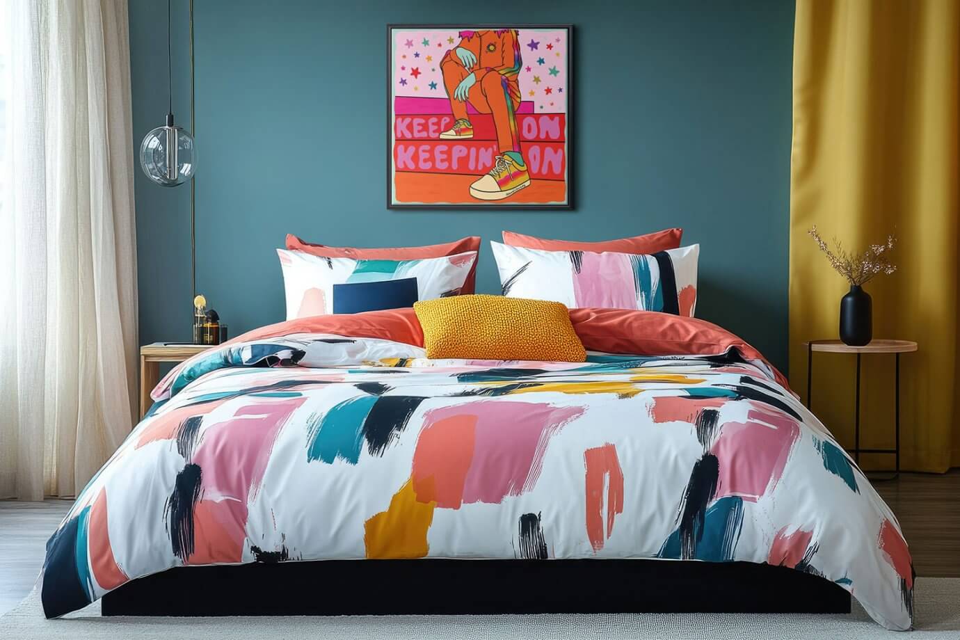 bright and bold illustration above colorful bed