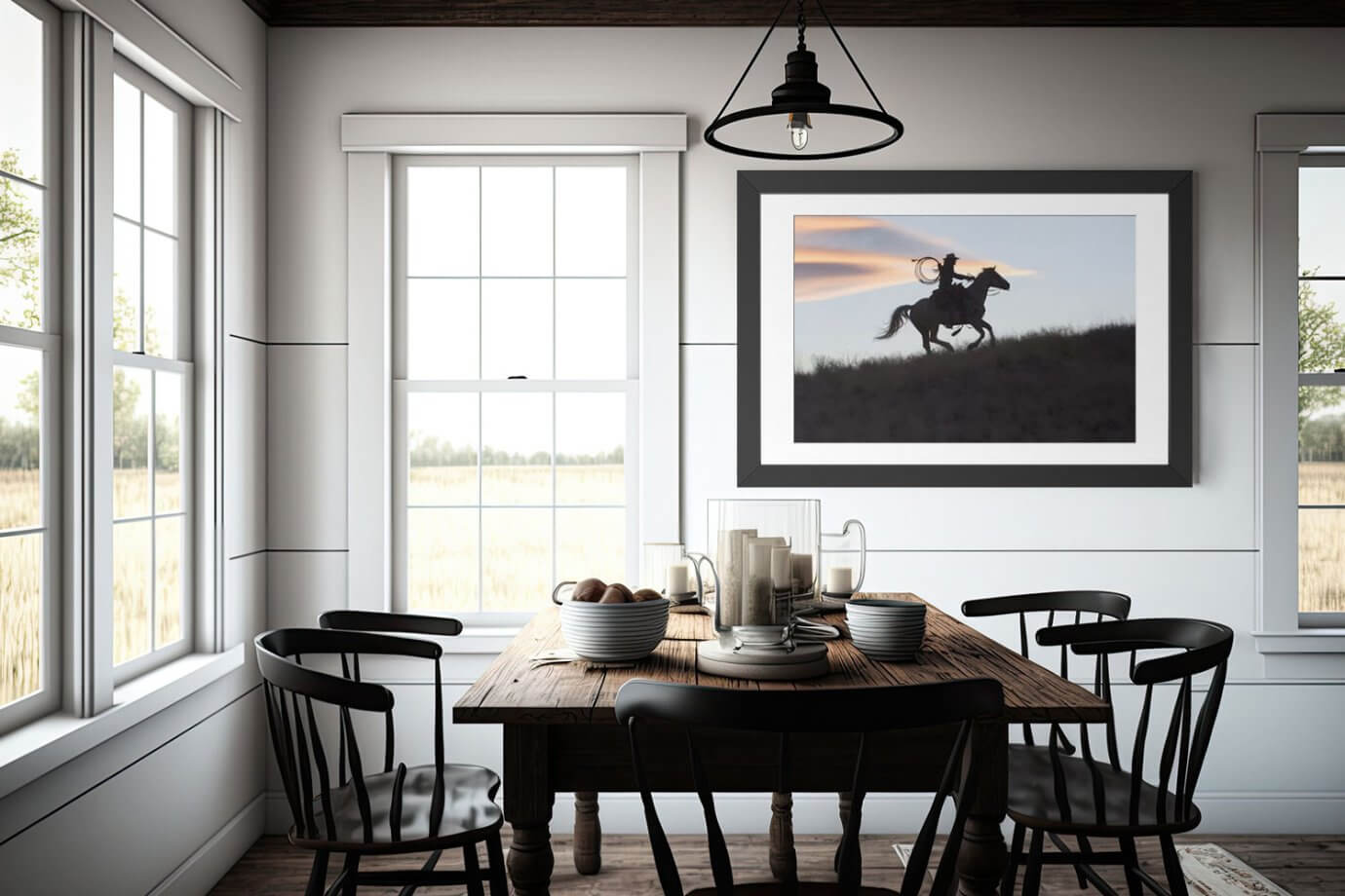 cowboy at sunset artwork by dining table